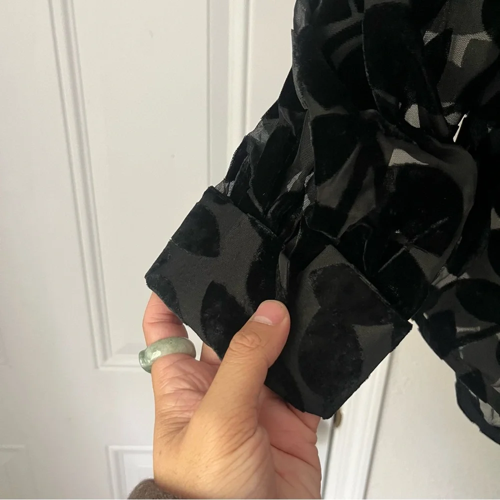GRETCHEN SCOTT black sheer burn out velvet button up long sleeve shirt blouse - Picture 3 of 7
